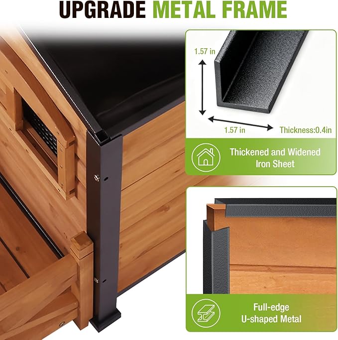 GUTINNEEN Dog House Outdoor with Anti-Chewing Iron Frame, Weatherproof Dog Shelter with Large Porch and Sliding Window, Dog Crate for Small, Medium and Large Dogs Outside