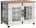 Lulive Dog Crate Furniture for Medium Dogs, 32'' Dog Kennel Indoor with Cushion & Wheels Wooden Dog Cage Double Doors Dog Crate End Table, White