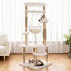 Modern Multi-Level Cat Tree Tower for Indoor Cats, 70" Tall Natural Solid Wooden Cat Tower with Sisal Scratching Post, Luxury Cat Furniture with Swing Hammock for Cat Households White
