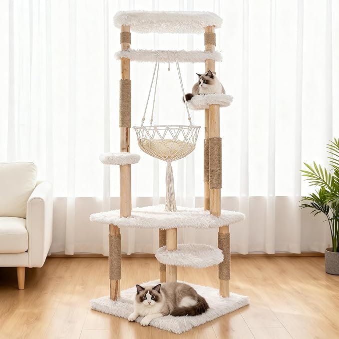 Modern Multi-Level Cat Tree Tower for Indoor Cats, 70" Tall Natural Solid Wooden Cat Tower with Sisal Scratching Post, Luxury Cat Furniture with Swing Hammock for Cat Households White