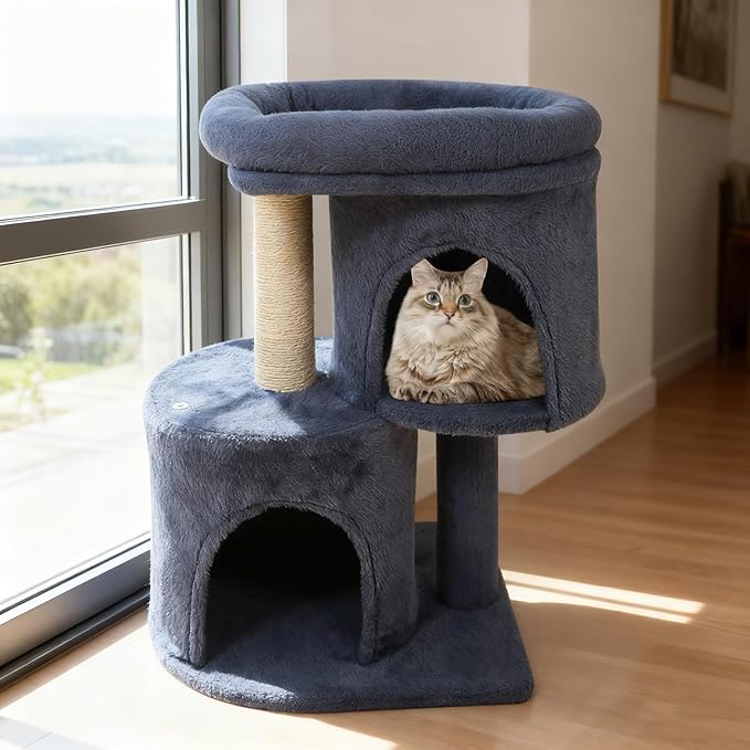 Tangkula Small Cat Tree for Indoor Cats, 26 Inch Cat Tower with Sisal Scratching Posts, Dual Cat Condos with Large Padded Push Perch, Modern Cat Climbing Furniture Activity Center (Dark Grey)