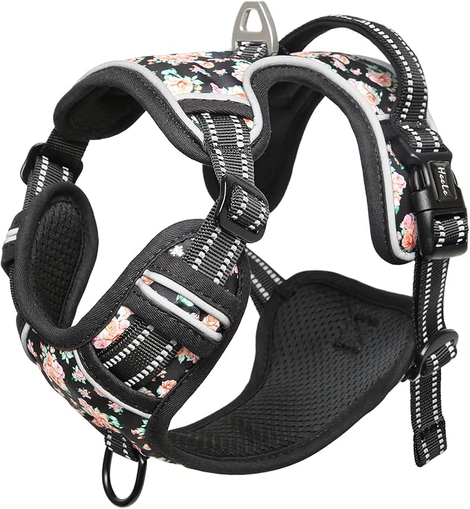 HEELE Dog Harness, No Pull Adjustable Padded Reflective Harness for Small Medium Large Dogs with Handle for Walking Training, Flower-Black, M