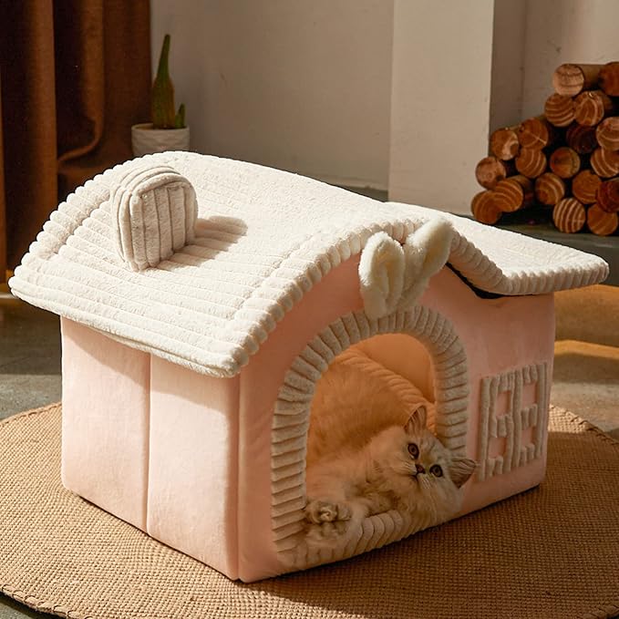 Jiupety Rabbit Cat Houses for Indoor Cats, Chimney Cute Cat Bed Cave, Enough Interior Space, Cartoon Soft Pet House Up to 3-7 lbs Kitten, Pink