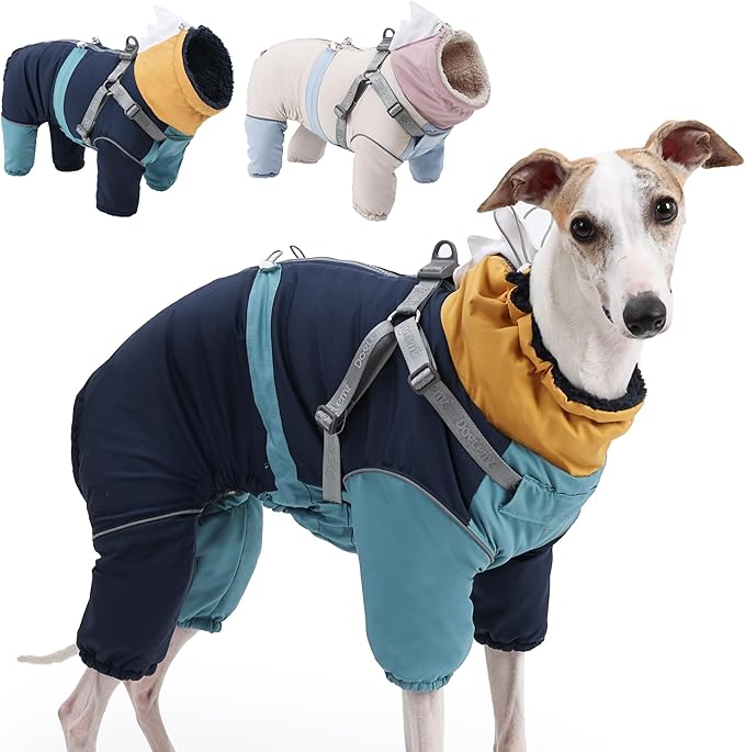 Dog Snowsuit with Built-in Harness, 4-Leg Full Body Winter Coat, Fleece Lined Puffer Jumpsuit with Back Zipper & Reflective Trim for Small Medium Large Dogs (Blue, Medium)