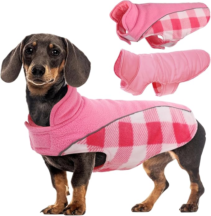Kuoser Dog Winter Coat, Reversible Waterproof Dog Jacket with Reflective Strip, Warm Dogs Fleece Vest Adjustable Doggy Cold Weather Clothes Plaid Christmas Outfit Pet Apparel for Small Dogs, Pink S