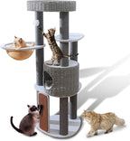 Modern Cat Tree for Indoor Cats, 50'' Multi-Level Cat Tower for Large Adult Cats, Sturdy Heavy Duty Design with 8 Sisal Scratching Posts 1 Board, Semi-Enclosed Condo, Space Capsule Perch