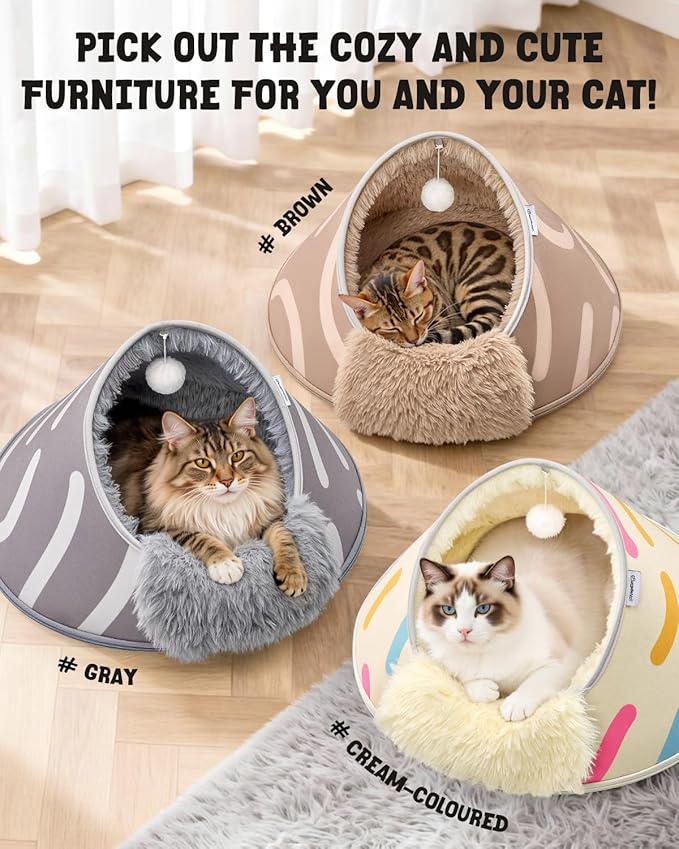 BurgeonNest 20-Inch Round Cat Bed Cave, Enclosed Hooded Pet House for Indoor Kittens, Anti-Collapse EVA Shell with Cord Access for Heating Pad, Washable Soft Plush, Beige