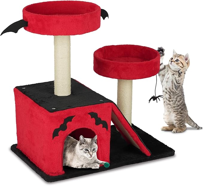 Outvita Halloween Cat Tree, 26" Cat Tower with Spacious Cat Condo, Gothic Scratching Posts with 2 Padded Perches, Large Platform, Cat Activities Furniture, Red & Black
