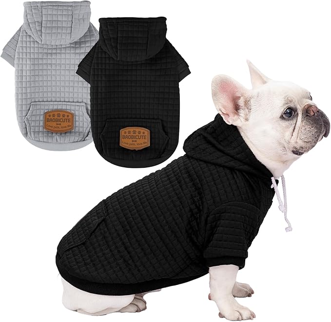 2 Pack Dog Hoodie Sweaters for Small Medium Dogs Warm Dog Clothes for Large Dogs Soft Waffle-Like Laminated Sweatshirt Bulldog (Black+Grey, M (Back: 15.5",Chest: 21.6", Neck: 13"))
