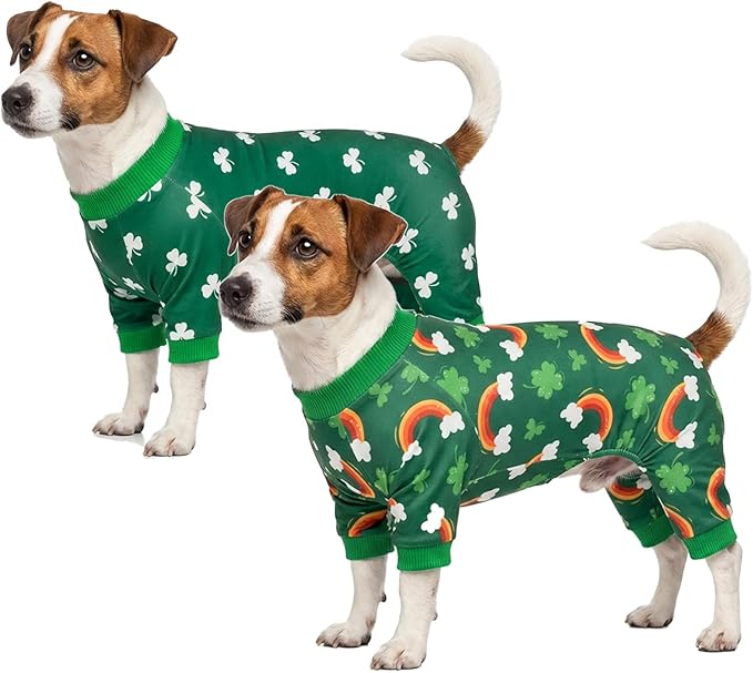 Vehomy 2-Pack St.Patrick's Day Dog Pajamas Clover Rainbow Pet Jumpsuits Puppy Pjs Lucky Shamrock Dog Onesie St Patricks Dog Jammies Costume Outfit Clothes for Small Medium Large Dogs M