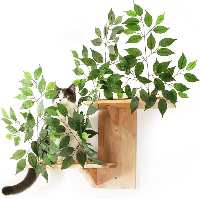 Meowoou Cat Wall Shelves with Leaves, 2 Platform Cat Wall Furniture, Cat Tree Shelves, Rubber Wood Wall Perch with Mat, Bridge for Climb, Nap, Play, Decor