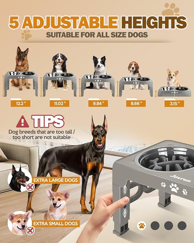 Elevated Dog Bowls for Medium Size Dogs, Non-Slip Dog Feeder with 1*Stainless Steel Dishes & 1*Slow Feeder Bowl, 5 Heights Adjustable Raised Bowls to 3.15″-8.66″-9.84″-11.02″-12.2″