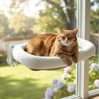Cordless Cat Window Perch, Foldable Cat Window Hammock, 4 Strong Suction Cups, Solid Metal Frame, Patented Hook Design, Cushion White, L