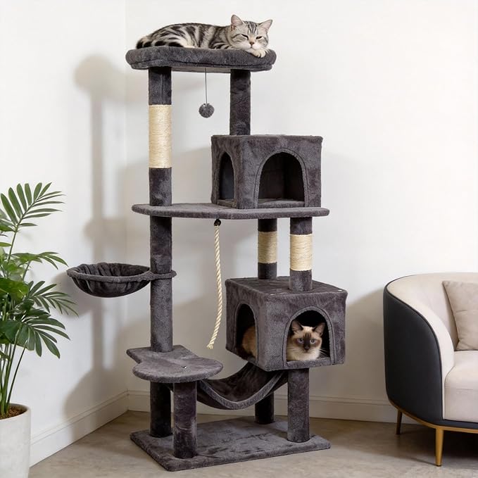 58" cat Tree Tall, Large Multi-Level Cat Condo with Sisal Leaf Scratching Posts, Sturdy Construction Easy Assembly, Indoor Pet Furniture,Gray