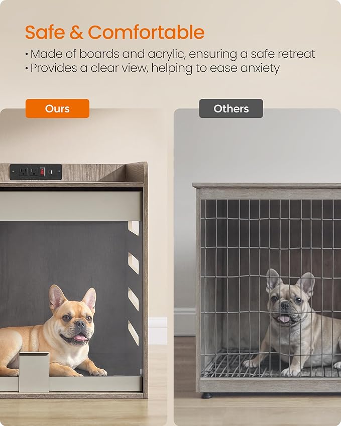 Feandrea Modern Dog Crate Furniture with Charging Station, Small Kennel Indoor with Flip-up Hidden Acrylic Door, for Small and Medium Dogs up to 22 lb, Pet Side End Table Cage, Heather Greige