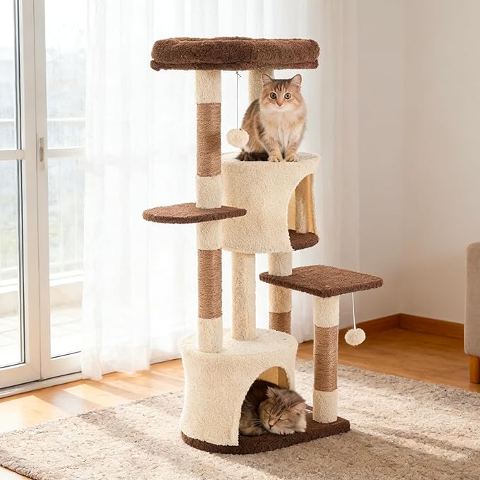 45.3-inch Multi-Level Cat Tree Tower with 3 Soft Platforms & 2 Cat Caves, Fully Wrapped Sisal Scratching Post for Indoor Cats, Dangling Toy, Brown