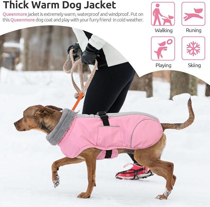 Queenmore Large Dog Cold Weather Coats, Fleece Collar Dog Apparel for Winter, Thick Dogs Snowsuit, XXL Pet Jackets Winter with Quick Release, Pink, XXL