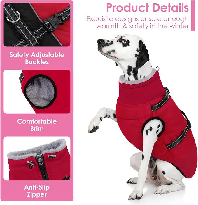 AOFITEE Dog Coat for Large Dogs, XXXL Dog Winter Jacket with Harness Built in, Turtleneck Cold Weather Coat for Extra Large Dogs, Reflective Pet Fleece Jacket with Zipper for Great Dane, Red 3XL