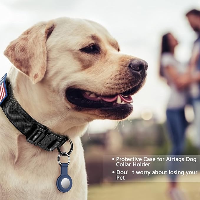DAGANXI Tactical Dog Collar, Adjustable Military Training Nylon Dog Collar with Control Handle and Heavy Metal Buckle for Medium and Large Dogs, with Patches and Airtags Case (XXL, Black-Set)