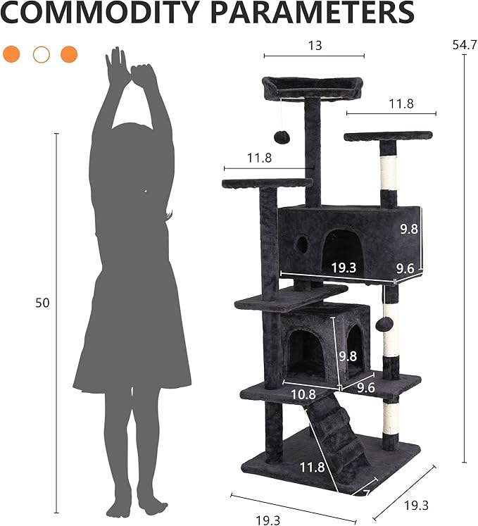 70 Inch Cat Tree for Indoor Cats - Multi-Level Tower With Scratching Post, Condo, Plush Perch, Dangling Ball - Heavy Duty for Large Cats, Ashy