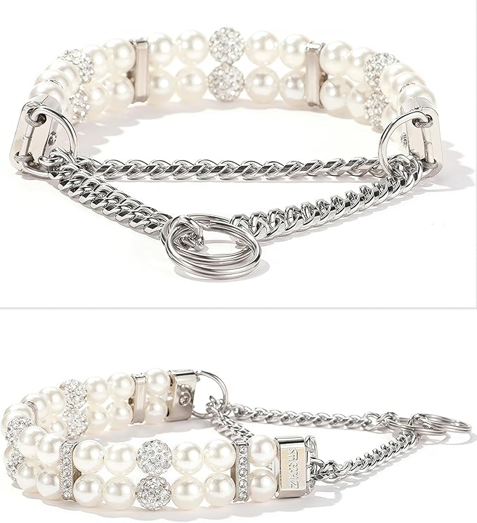 KUDES Luxury Martingale Collar for Small Dogs and Cats- No Pull Training Choke Chain Collar with Pearls & Crystals - Bling Dog Necklace Accessory for Pet Yorkie, Chihuahua, Pomeranian