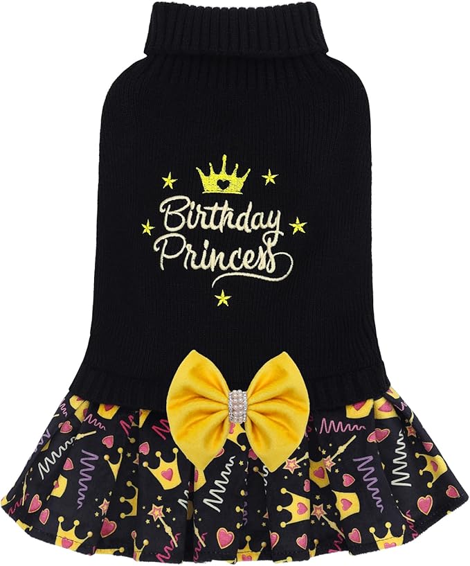 CuteBone Core Spun Birthday Dog Sweater Dress for Small Dogs Girl, Turtleneck Embroidery Medium Dog Sweater with Leash Hole, Dog Coat for Chihuahua Yorkie Teacup DS105S