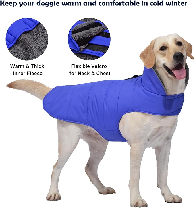 Dog Winter Coat, Waterproof Dog Jacket with Leash Hole, Reflective Adjustable Pet Snow Vest, Warm Fleece Sweater for Small Medium Large Dogs - Blue, XL