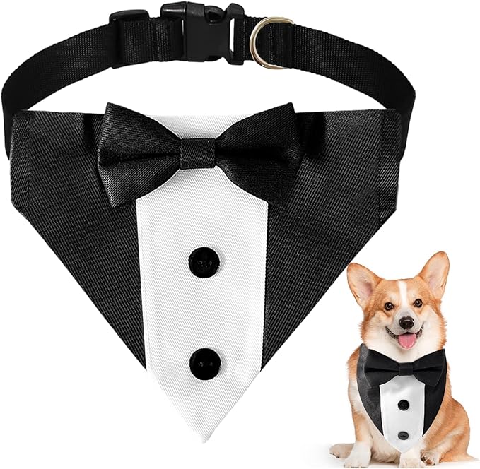Dog Tuxedo Bandana Collar with Bow Tie, Adjustable Formal Suit Costume for Small Medium Large Dogs, Wedding Engagement Birthday Pet Outfit (Medium)