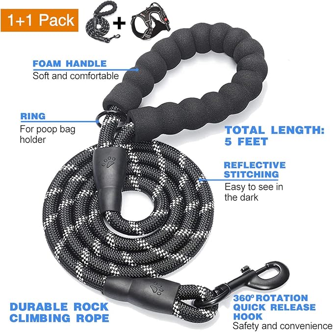 No Pull Dog Harness Adjustable Reflective Oxford Easy Control Medium Large Dog Harness with A Free Heavy Duty 5ft Dog Leash