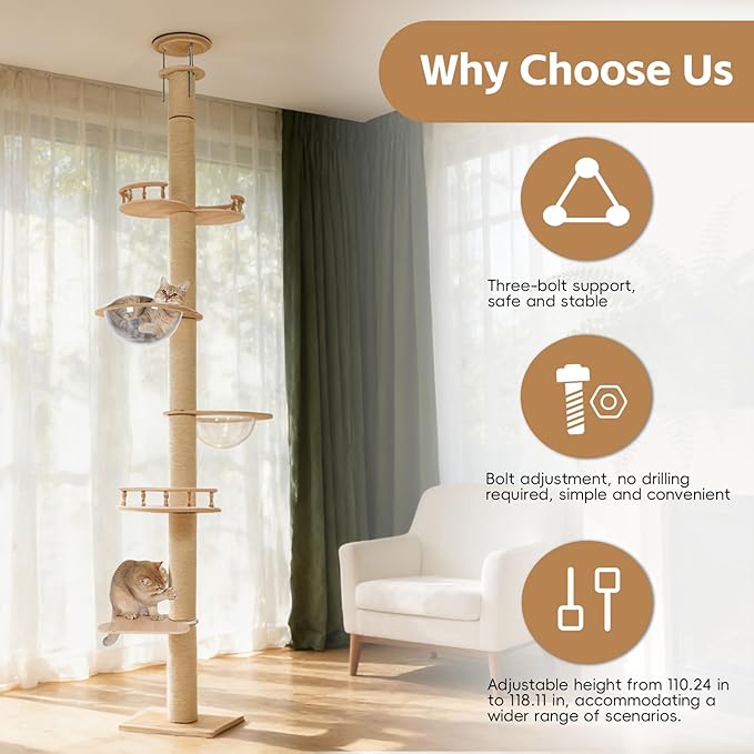 FANKNS Floor to Ceiling Cat Tree Height (110-118 inches), 5-Tier Adjustable, Three-Bolt Stabilized Cat Tower with 6 Thickened Scratching Posts, Cat Activity Center Includes Transparent Capsule House