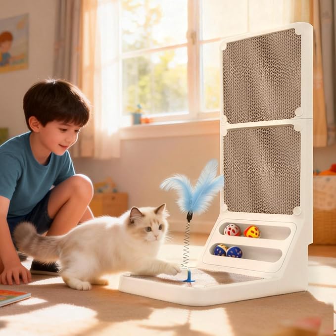 Cat Scratcher Cat Scratch Pad L Shape Wall Mounted Dual Use (Vert/Horiz) Kitten Bunifa Scratching Card Board Vertical Post with Ball Toys Feathers,Protecting Furniture Core is Replaceable Large White