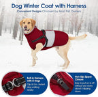 KOESON Large Dog Coat, Warm Dog Winter Coat Cold Weather Jacket with Built-in Harness and Reflective Straps, Windproof Pet Puffer Jacket Zip Up Fleece Vest for Pitbull, Husky, Burgundy L
