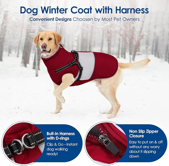 KOESON Dog Coat, Warm Dog Winter Jacket with Harness Built-in for Easy Walk, Fleece Lined Cold Weather Coat for Medium Dogs, Waterproof Puffer Jacket for French Bulldog, Corgi, Beagle, Burgundy M