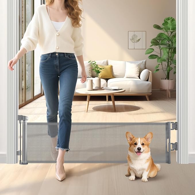 Short Dog Gate,14" Tall Gate to Step Over, Puppy Mesh Retractable Pet Gates Doggy Door for Doorways Stairs, Extends up to 55" Wide for Kitchen Hallways Indoor, Gray