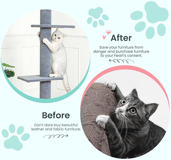 Max & Marlow Cat Tree Floor to Ceiling Cat Tower Height 95-108" Adjustable Kitten Tree Tall Climbing Tree with Carpet Scratching Post and Mat Cat Pole for Indoor Cats,Light Grey