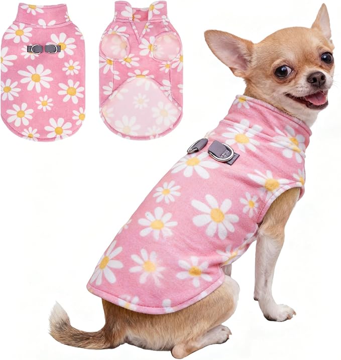 BEAUTYZOO Dog Fleece Vest Sweater Winter Jacket for Small and Medium Dogs with D-Ring Leash Cold Weather Coat Hoodie for XS S M Dogs Boy or Girls,Pink Daisy S