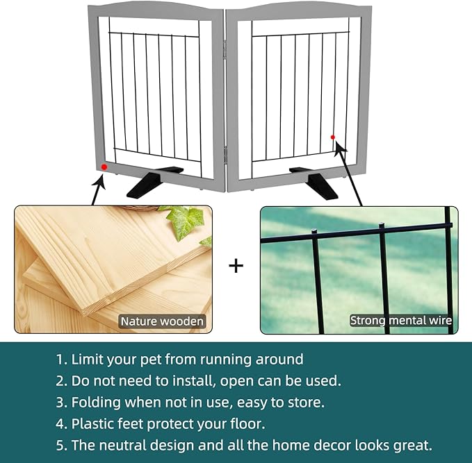 Dog Fence Indoor,Dog Gate Indoor for Doorway pet gate -2-Panel Freestanding, Hallways, House or Stairs -40x24-Inch Retractable Foldable Expandable Wood Pet by SFJC (Grey) ﻿