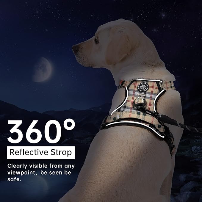 IVY&LANE No Pull Dog Harness with Leash Set, Reflective No Choke Pet Vest,Adjustable Oxford Dog Vest Harness with Easy Control Handle for Medium Lagre Dogs (Checkered Beige,M)