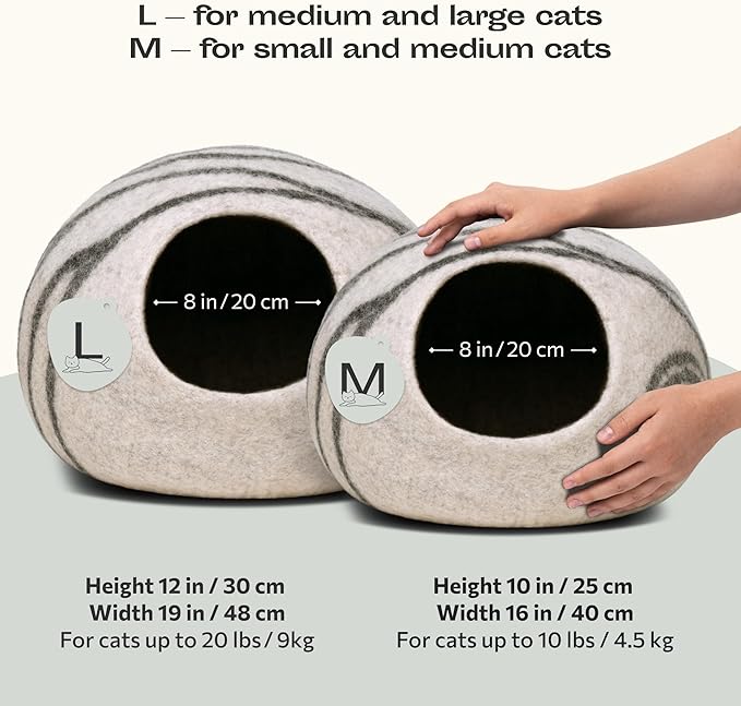 MEOWFIA Cat Cave – Premium Felt Cat Bed for Indoor Cats, Handmade 100% Merino Wool (Light Grey, Medium) (Pack of 2)