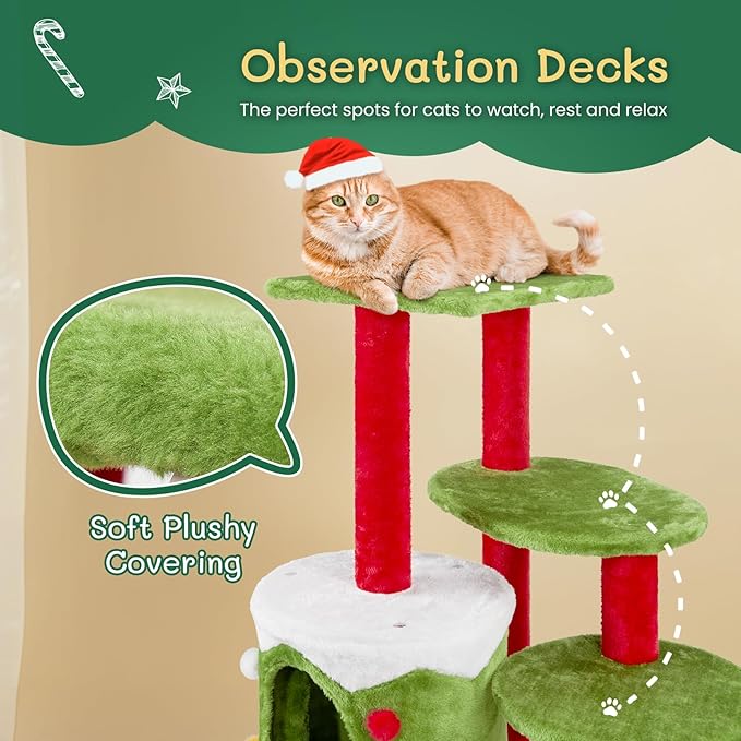 Christmas Decorations, Christmas Cat Tree Tower, 32.5 inch Cat Furniture with Condo & Multiple Platforms, Green Red White Cat Tree for Indoor Cats, Large Cat Tree with Scratching Post