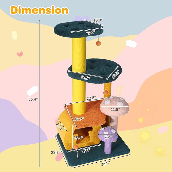 KAMABOKO Mushroom Cat Tree, Cute Cat Tower with Full-Wrapped Sisal Posts, Scratching Boards & Interactive Balls, Multi-Level Cat Activity Tree