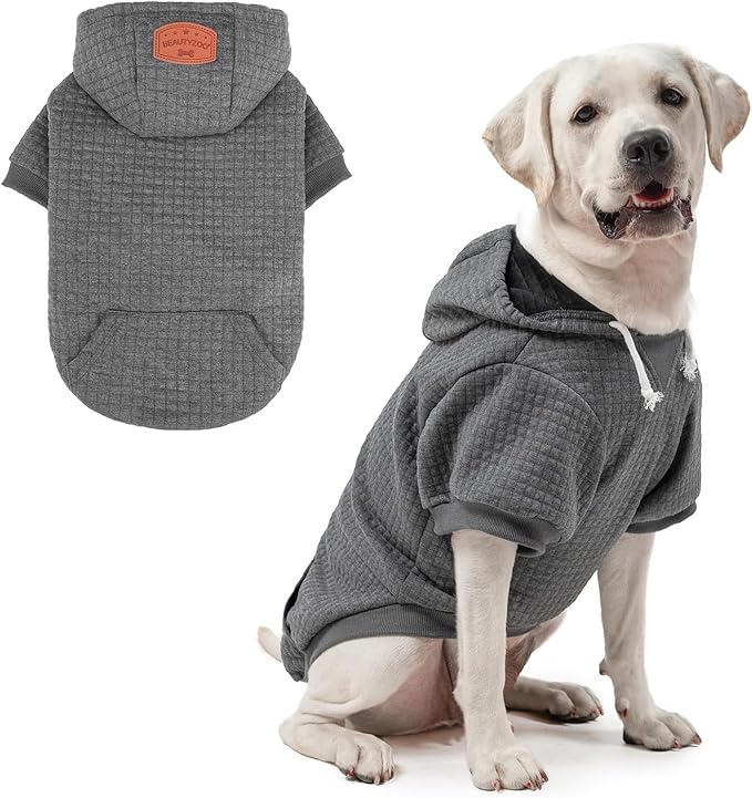 BEAUTYZOO Dog Hoodie with Leash Hole and Pocket,Dog Sweaters for Small Medium Large Dogs Boys Girls,Waffle-Like Laminated Cotton Warm Outfits for French Bulldogs, Pitbull, Winter Puppy Clothes Jacket