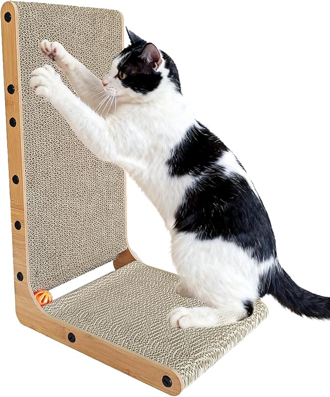 20" L-Shape Couch & Wall Cat Scratch Protector - Vertical Cat Scratcher and Scratching Post for Indoor Cats, Leans Against Furniture with Bell, Catnip & Toy Wand, High-Strength Cardboard