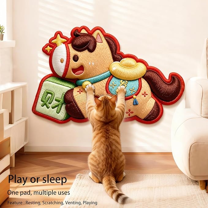 Cartoon Cat Scratching Mat, Cute Wall Cat Scratcher for Christmas, New Year, Pet Scratching Pad with Self-Adhesive Backing, Furniture Protector for Couch Door Sofa Indoor (Horse)