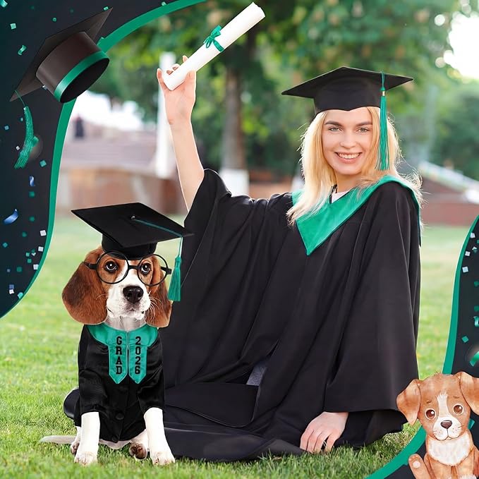 5 Pcs Dog Graduation Costume Set Include 2026 Pet Graduation Gown with Stole Puppy Grad Cap Lensless Glasses DIY Letter Stickers for Dogs Cats Holiday Costume Accessory(Black Green,XL)