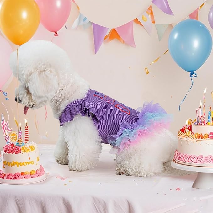 Dog Birthday Dress It's My Birthday Dog Dress Small Doggy Girl's Tutu Dresses Ruffle Sleeless Puppy Clothes Tulle Lace Skirt Pet Costume Cat Outfits (Purple, M(12-18lb))
