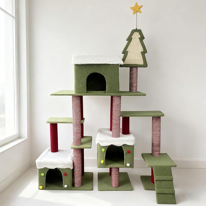 Christmas Cat Tree Tower for Indoor Cats, Holiday Themed Cat Furniture with Cozy Hideaways & Sisal Scratching Posts, Multi-Level Playground for Climbing and Napping (75''-AA)