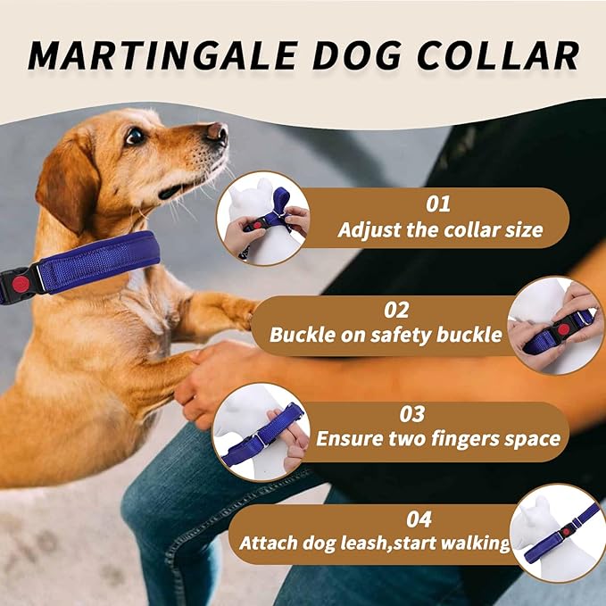 Martingale No Pull Dog Collar for Large Medium Small Dogs, Heavy Duty Nylon Reflective Adjustable Anti Pull Slip Collar with Buckle for Training Walking S Dark Blue