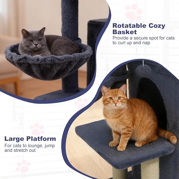 Tangkula Cat Tree Tower, 33.5 Inch Cute Cat Tower with 2-Tier Large Condo, Sisal Scratching Posts, Padded Top Perch, Dangling Toy, Rotatable Cozy Basket, Cat Climbing Furniture (Dark Gray)