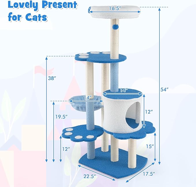 PETSITE 54 inch Cat Tree Tower, Multi-Level Modern Cat Tower with Sisal Scratching Posts, Jingling Ball, Top Perch, Side Hammock, and Cat Condo, Cute Blue Cat Tree for Indoor Cats